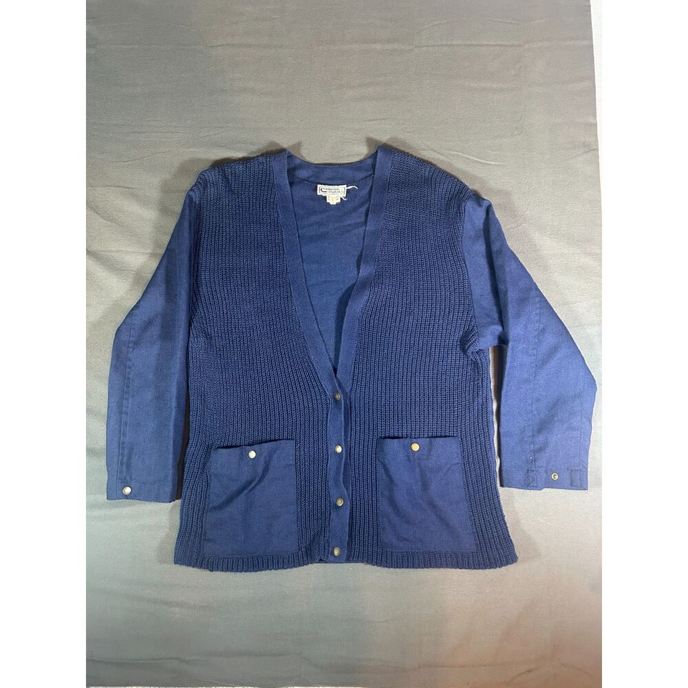 Grandpacore Vintage 70s Navy Knit Mixed Media Snap Cardigan Sweater L